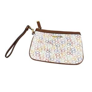Calvin Klein Wristlet Wallet Womens One Size White Multicolor Monogram CK Zip